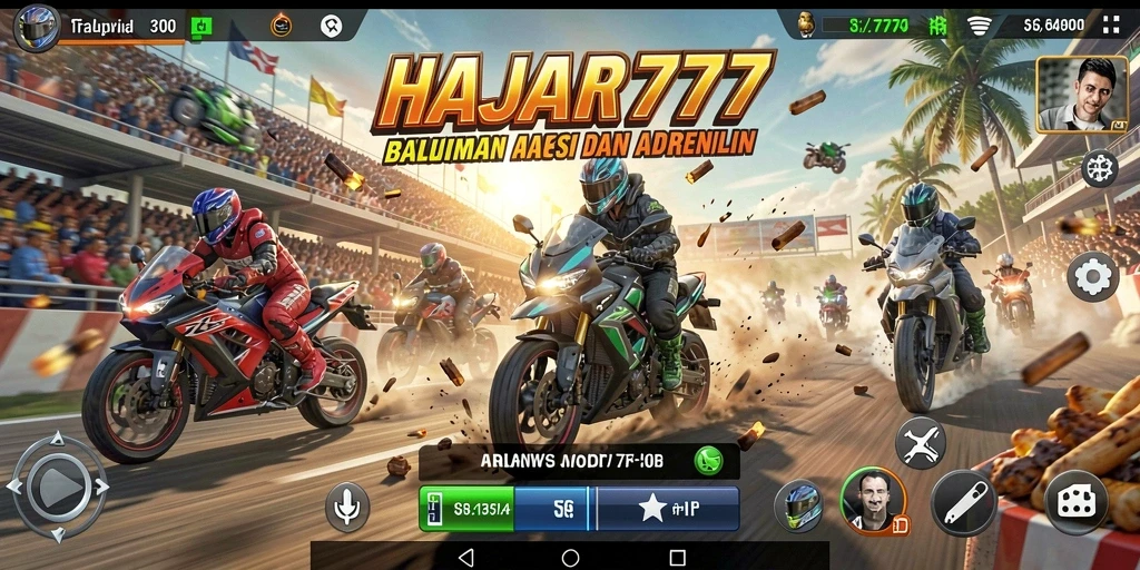 Screenshot gameplay HAJAR777 menampilkan balapan motor yang seru dan mendebarkan.