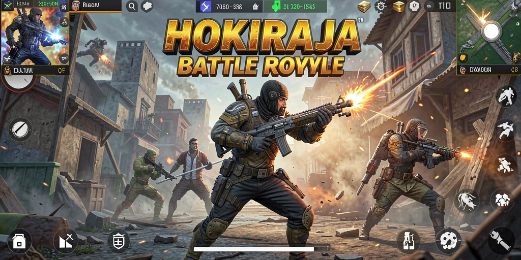 Tangkapan layar HOKIRAJA menampilkan aksi Battle Royale yang mendebarkan.