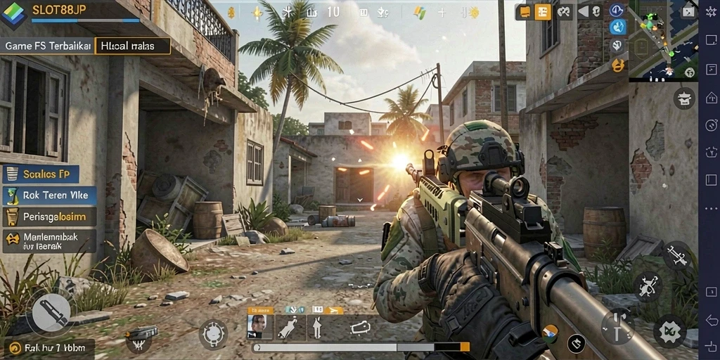 Tampilan gameplay menegangkan dari SLOT88JP dalam misi FPS.
