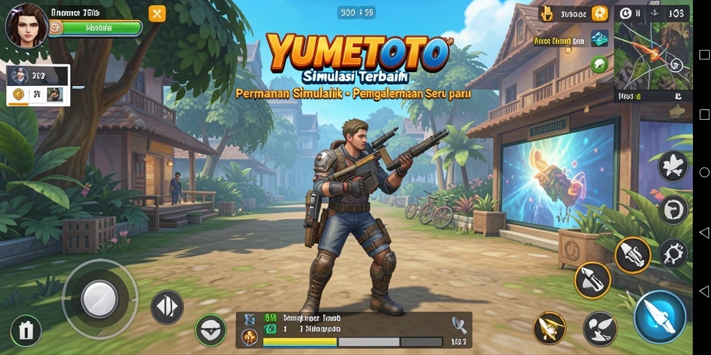 Screenshot utama YUMETOTO menunjukkan karakter berinteraksi dalam dunia simulasi.